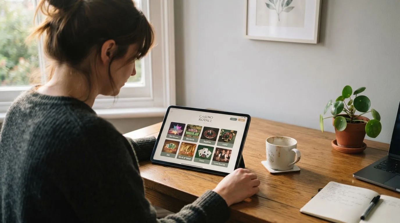 En person sitter vid ett skrivbord hemma med en surfplatta nedvänd bredvid en kopp kaffe i morgonljus.