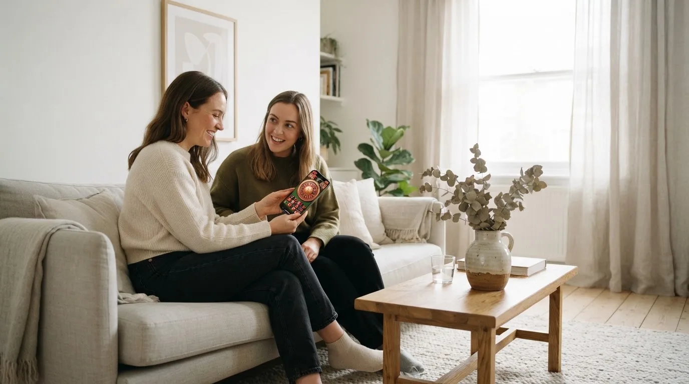 Två personer samtalar avslappnat i ett ljust vardagsrum med en soffa och mjuka texturer i bakgrunden.