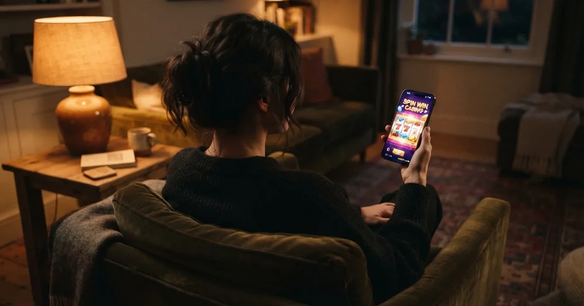 En hand håller en smartphone med skärmen vänd nedåt medan personen sitter i en fåtölj i mjukt kvällsljus.